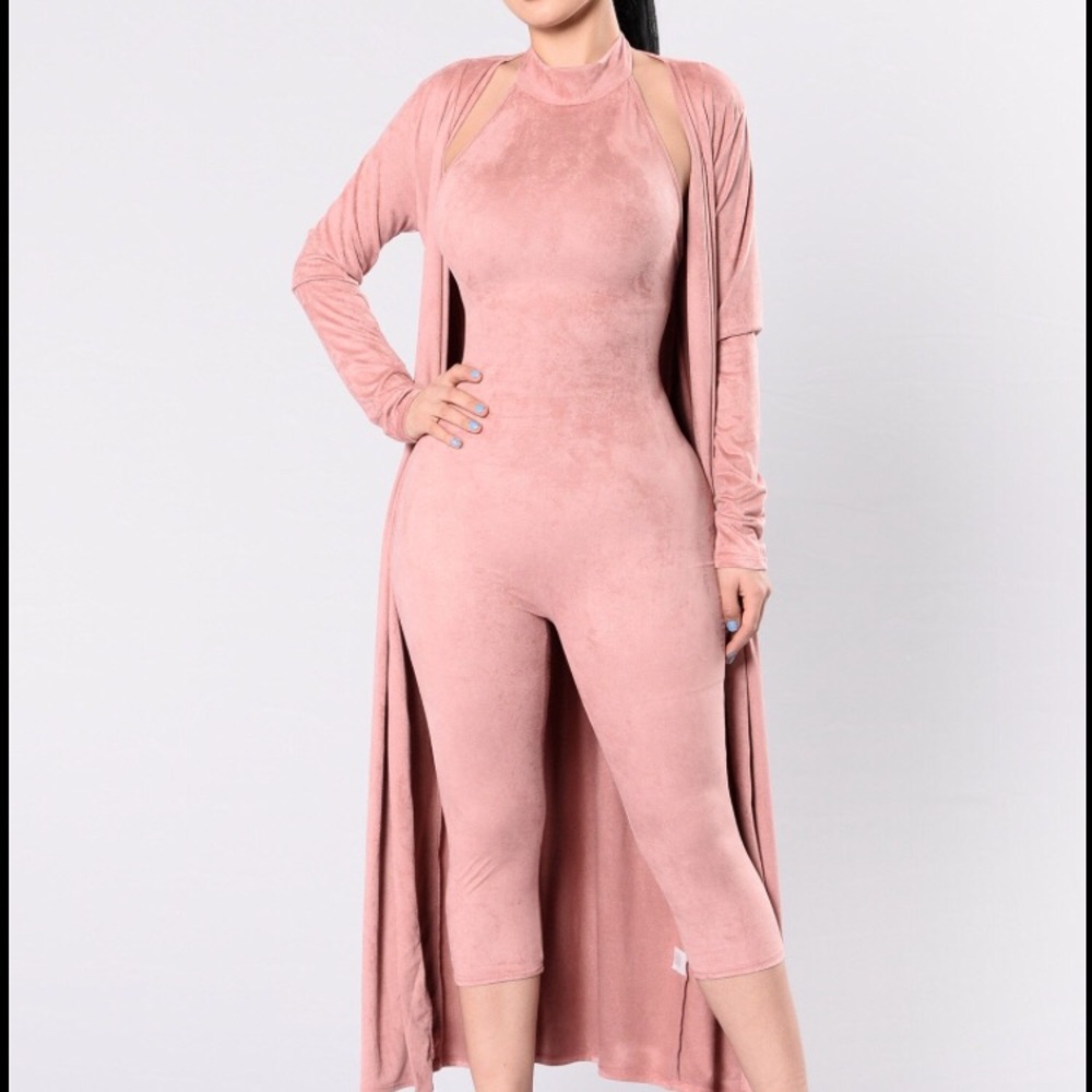 Blush Pink Suede Jumpsuit & Duster Jacket Set